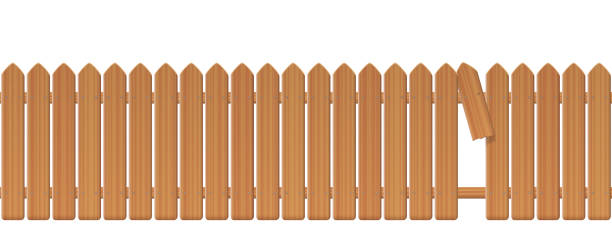 Wooden picket fence with gap in the fence. Palisade or stockade with broken plank and loophole to slip through, escape, bolt, run away, break free, flee, take off, slip away, sidle off. Illustration. Wooden picket fence with gap in the fence. Palisade or stockade with broken plank and loophole to slip through, escape, bolt, run away, break free, flee, take off, slip away, sidle off. Illustration. damaged fence stock illustrations