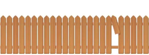 Vector illustration of Wooden picket fence with gap in the fence. Palisade or stockade with broken plank and loophole to slip through, escape, bolt, run away, break free, flee, take off, slip away, sidle off. Illustration.