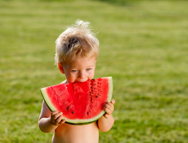 정원에서 수 박 먹고 1 년 된 아기 - watermelon missing bite melon grass 뉴스 사진 이미지