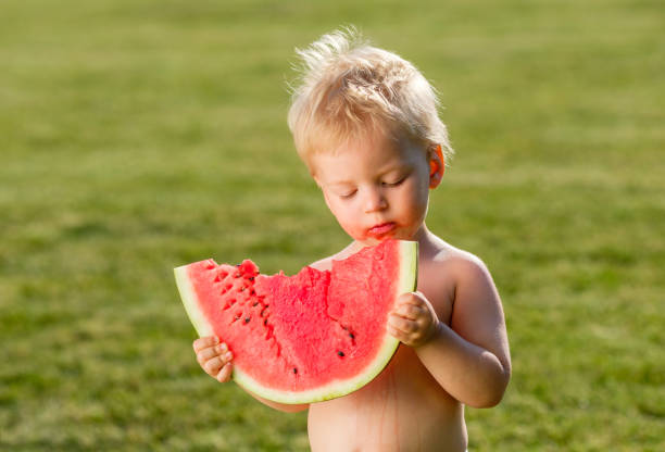 정원에서 수 박 먹고 1 년 된 아기 - watermelon missing bite melon grass 뉴스 사진 이미지