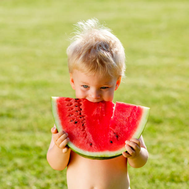 정원에서 수 박 먹고 1 년 된 아기 - watermelon missing bite melon grass 뉴스 사진 이미지