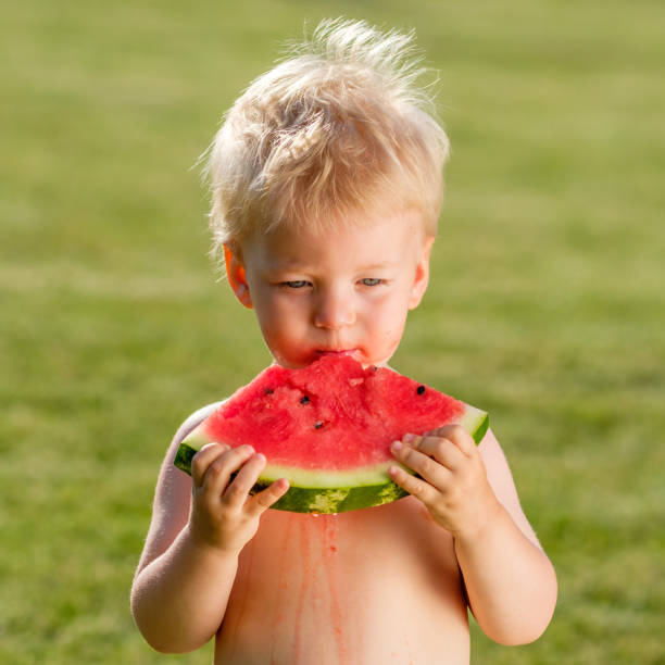 정원에서 수 박 먹고 1 년 된 아기 - watermelon missing bite melon grass 뉴스 사진 이미지