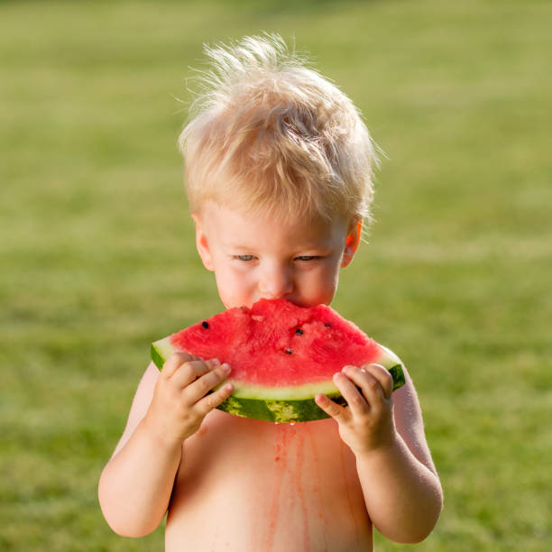 정원에서 수 박 먹고 1 년 된 아기 - watermelon missing bite melon grass 뉴스 사진 이미지