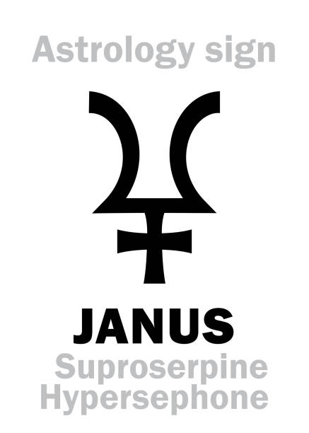 astroloji alfabesi: janus (suproserpine/hypersephone), 12 hypothetic dev çift gezegen (arkasında, pluto ve proserpine). hiyeroglif işareti (tek sembol) karakter. - fortuna illüstrasyonlar stock illustrations
