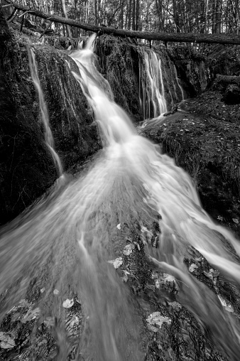 Black and white image of waterfalls at Tillman Ravine