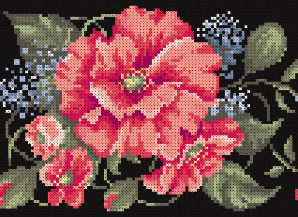 illustrazioni stock, clip art, cartoni animati e icone di tendenza di ricamato bene come vecchio motivo etnico ucraina a punto croce fatto a mano. motivo senza cuciture con rose. - needlecraft product embroidery cross stitch flower