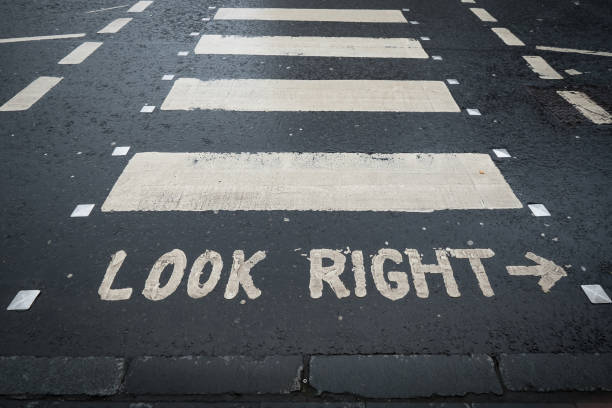 istock Look right. Caution road marking for pedestrians shows direction of approaching traffic in Edinburgh, Scotland 967365412