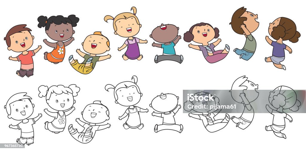 Jumping kids, Coloring Book Vector Jumping kids, Coloring Book Child stock vector