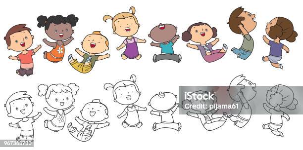 Jumping Kids Coloring Book Stock Illustration - Download Image Now - Child, Baby - Human Age, Childhood