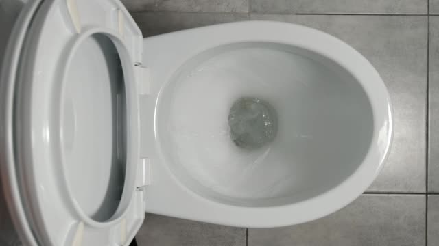 SLOW MOTION: Water flows in a white toilet