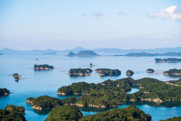 View of many island and sea. Kujuku island (99 islands) in Sasebo, Nagasaki, Japan. stock photo