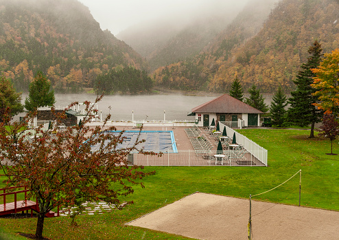 Dixville Notch, New Hampshire, USA - October 1, 2018: Swimming pool at The Balsams resort buttoned up for winter.
