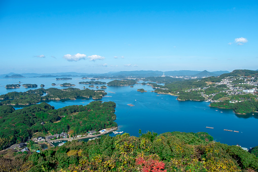 View of many island and sea. Kujuku island (99 islands) in Sasebo, Nagasaki, Japan.