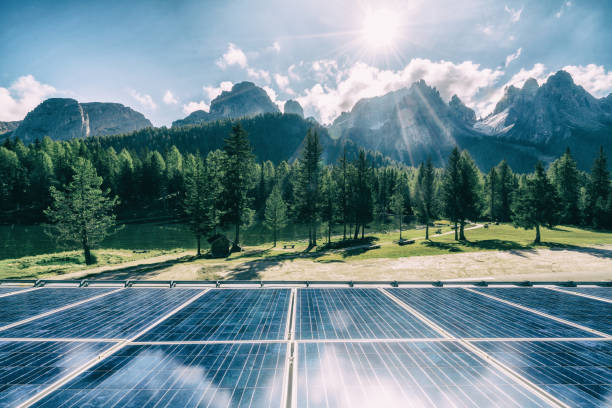 istock Solar cell panel in country mountain landscape. 967444428