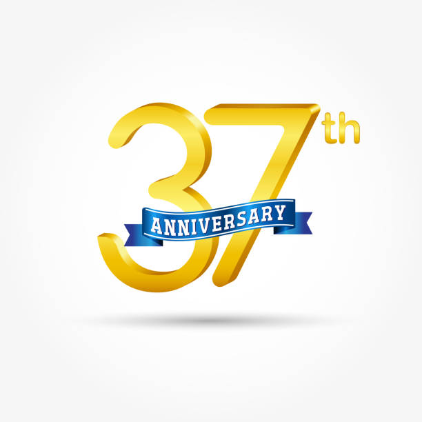 37 years Anniversary logo with blue ribbon isolated on white background. anniversary, gold, logo, birthday number 37 illustrations stock illustrations