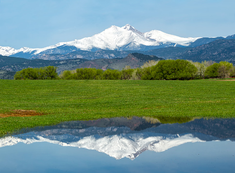 Longs Peak Reflects In The Waters Along A Country Road In Longmont
