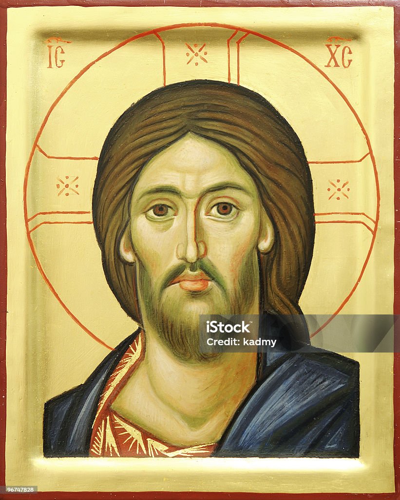 Drawing of the Lord Jesus Christ Representation of Jesus Christ face on wooden icon with gilding. Religious Icon Stock Photo