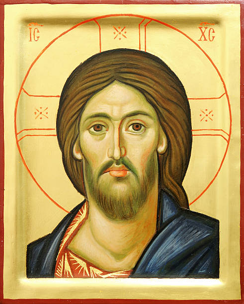 Drawing of the Lord Jesus Christ Representation of Jesus Christ face on wooden icon with gilding. orthodox church photos stock pictures, royalty-free photos & images