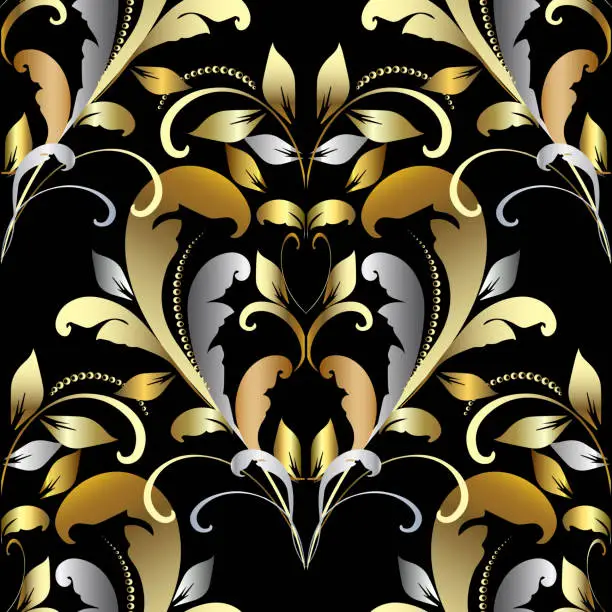 Vector illustration of Vintage gold silver damask seamless pattern. Floral baroque styl