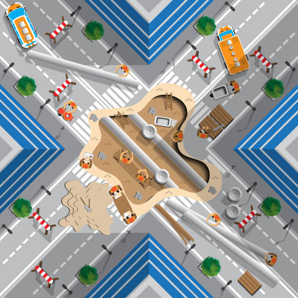 Repair of the pipeline under the road. View from above. Vector illustration. underground pipeline stock illustrations