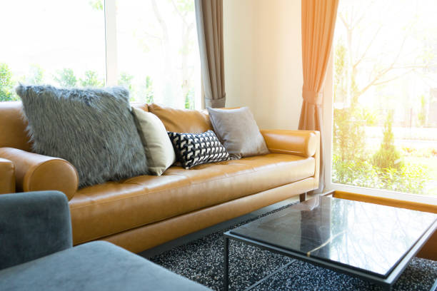 istock decorative pillow on leather sofa in living room 967491116