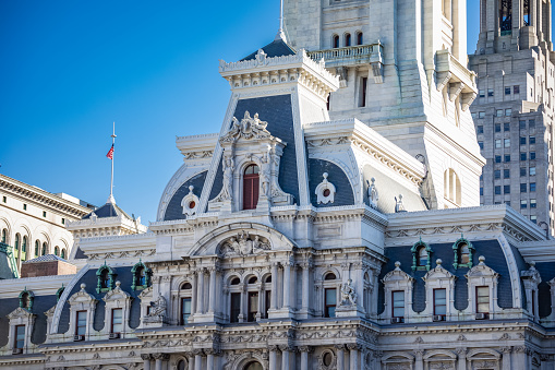 Exterior detail of the Philadelphia City Hall building, designed in French Second Empire style, completed in 1901.