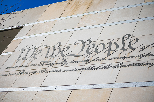 We the People engraved in the facade of the National Constitution Center in Philadelphia, PA
