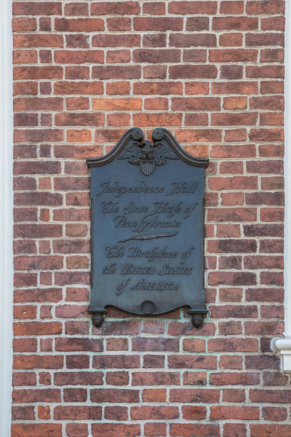Independence Hall sign in Philadelphia, PA, where the Declaration of Independence and US Constitution were debated, drafted and signed.