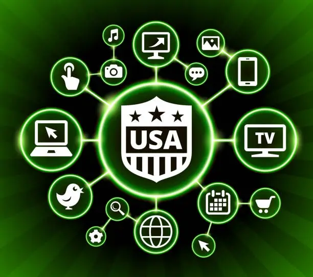 Vector illustration of USA Shield Internet Communication Technology Dark Buttons Background