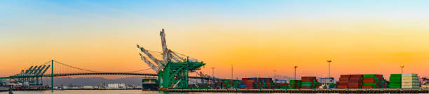 Cargo Container Harbor, Long Beach  California Panoramic view of cargo container port with crane san pedro los angeles photos stock pictures, royalty-free photos & images