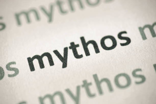 wort mythos gedruckt auf papier makro - mythology fairy tale typescript mystery stock-fotos und bilder