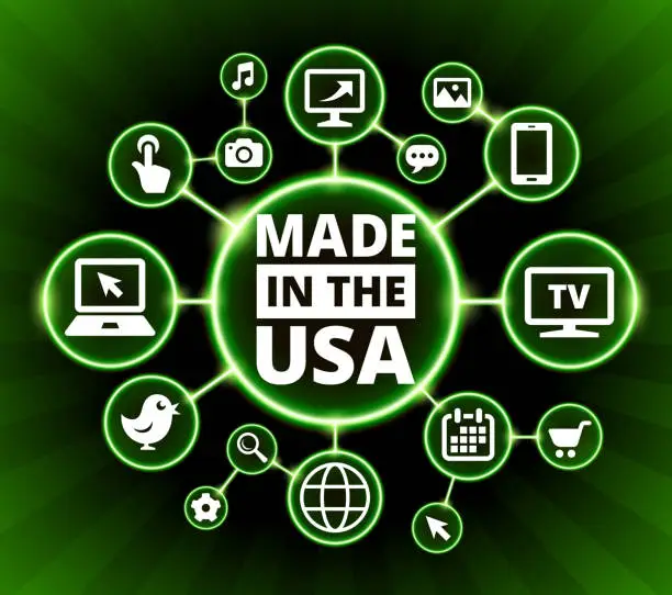 Vector illustration of Made In USA Sign Internet Communication Technology Dark Buttons Background