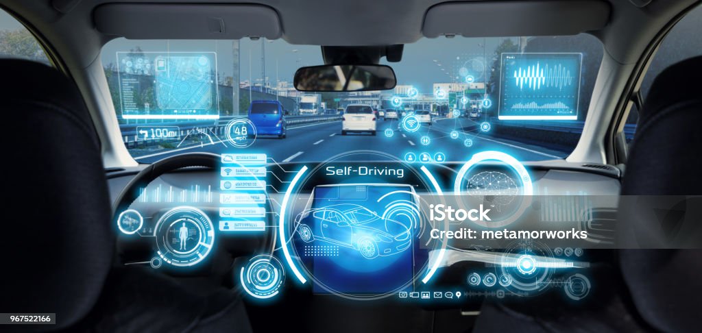 Cockpit van futuristische autonome auto. - Royalty-free Vervoermiddel zonder bestuurder Stockfoto