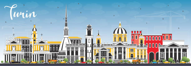 illustrazioni stock, clip art, cartoni animati e icone di tendenza di skyline della città di torino italia con edifici a colori e cielo blu. - torino