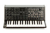 A Korg MS20 retro analog synthesizer on a blank background