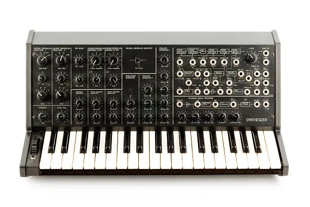 Photo of A Korg MS20 retro analog synthesizer on a blank background