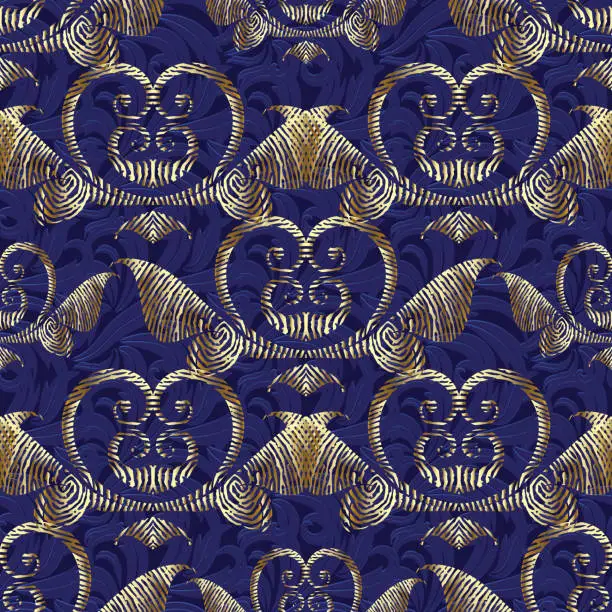 Vector illustration of Gold 3d Baroque seamless pattern. Vector patterned tapestry flor