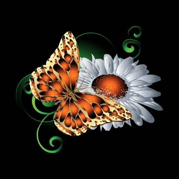 Vector illustration of 3d butterfly pattern. Vector colorful illustration. Black floral