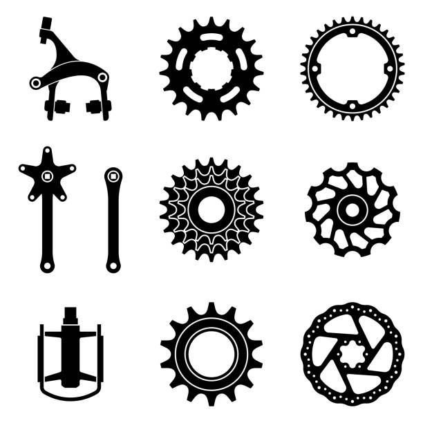 Bicycle parts icons set. Silhouette vector illustrations of bicycle parts with various types chainring stock illustrations