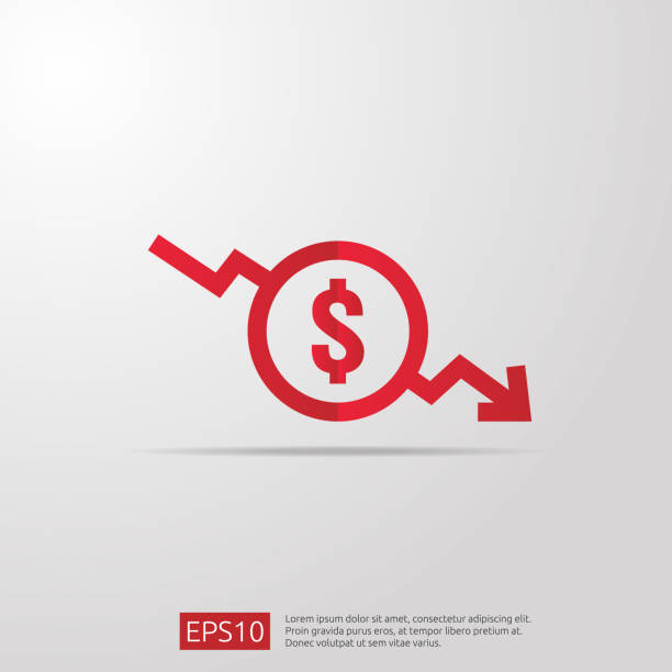 dollar decrease icon. Money symbol with arrow stretching rising drop fall down. Business cost reduction icon. vector illustration. dollar decrease icon. Money symbol with arrow stretching rising drop fall down. Business cost reduction icon. vector illustration. loss stock illustrations