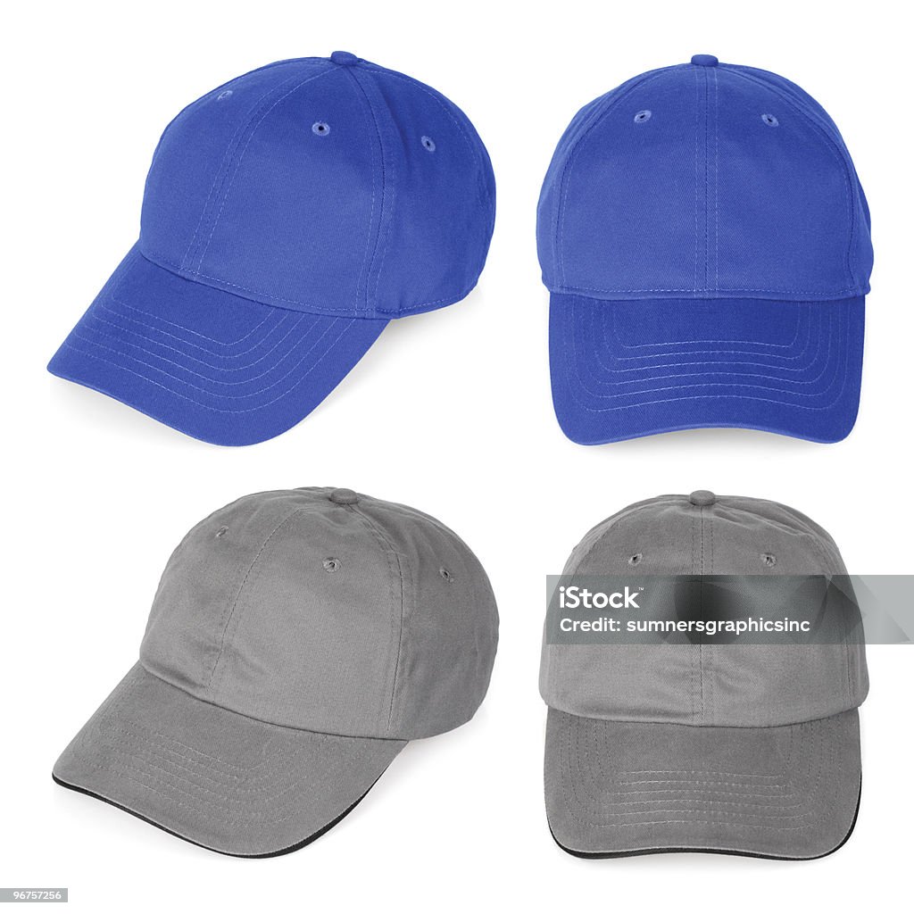 Blanco, azul y gris gorras de béisbol - Foto de stock de Azul libre de derechos