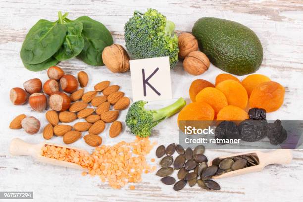 Fruits And Vegetables Containing Vitamin K Minerals And Dietary Fiber Healthy Nutrition Concept Stock Photo - Download Image Now