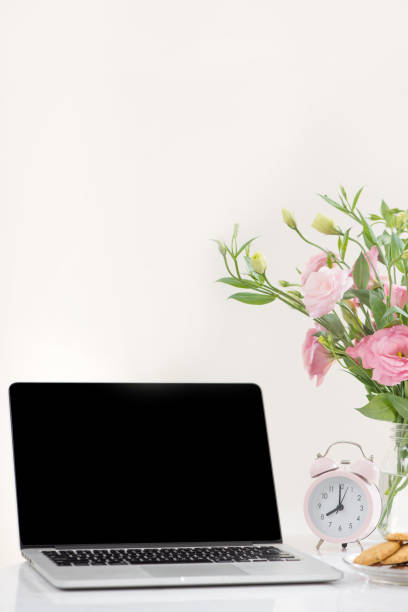 istock Comfortable workplace at home with laptop 967638386
