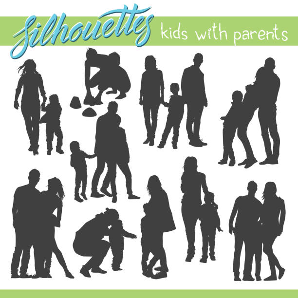 Vector silhouettes of kids and children. Kids with parents. Happy family Vector silhouettes of kids and children. Kids with parents. Happy family silhouette mother child crowd stock illustrations