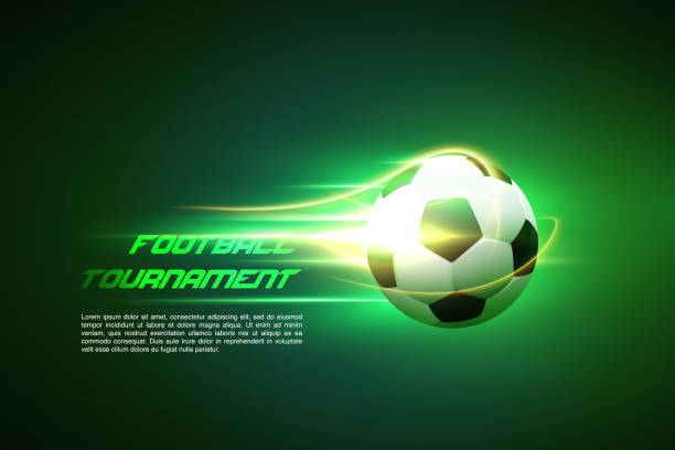 ilustrações, clipart, desenhos animados e ícones de torneio de futebol. futebol voando no fundo brilhante. flamejante vector 3d bola de futebol - soccer sign ball speed