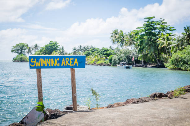 sign for sea swimming area by piula cave pool, upolu island, samoa, south pacific - lush tropical plants and foliage in background - south pacific ocean island polynesia tropical climate imagens e fotografias de stock