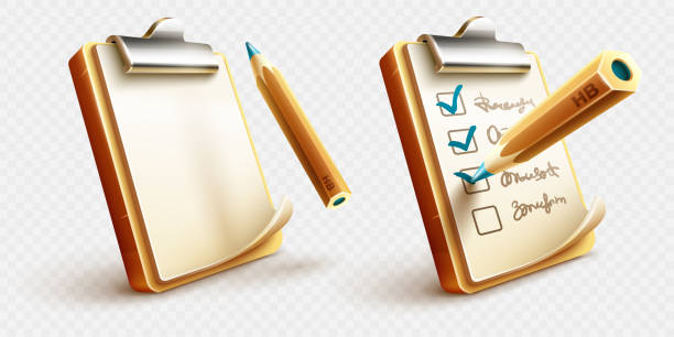 ilustraciones, imágenes clip art, dibujos animados e iconos de stock de iconos de cosas de la lista de verificación para hacer portapapeles con lápiz - checklist clipboard organization document