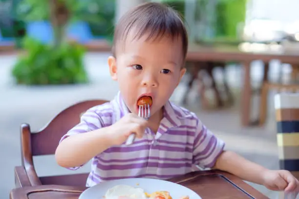 Cute little Asian 18 months / 1 year old toddler boy child sitting in high chair using fork eating whole cherry tomatoes, self feeding, common food choking hazards for babies & young children concept