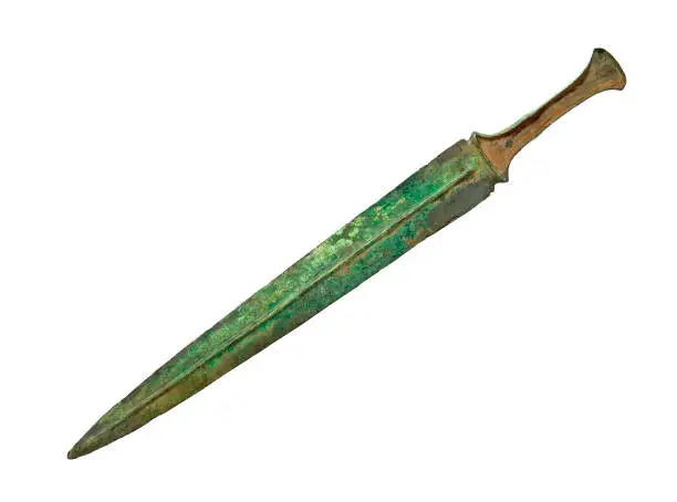Photo of Ancient bronze sword isolated on white background. Clipping path.