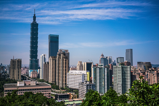 Taipei city skyline with Taipei 101 building viewed from Elephant mountain in Taiwan